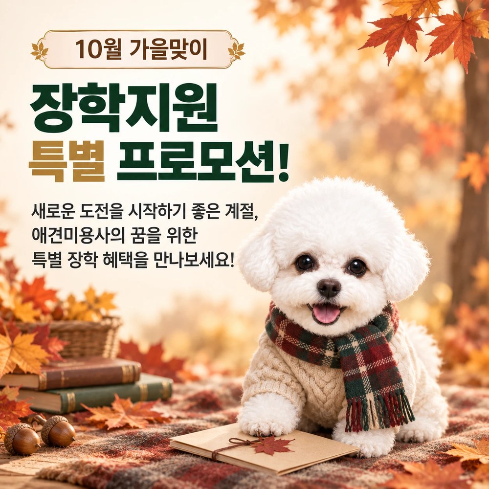 10월 가을맞이 장학지원 특별 프로모션. 새로운 도전을 시작하기 좋은 계절, 애견미용사의 꿈을 위한 특별 장학 혜택을 만나보세요.