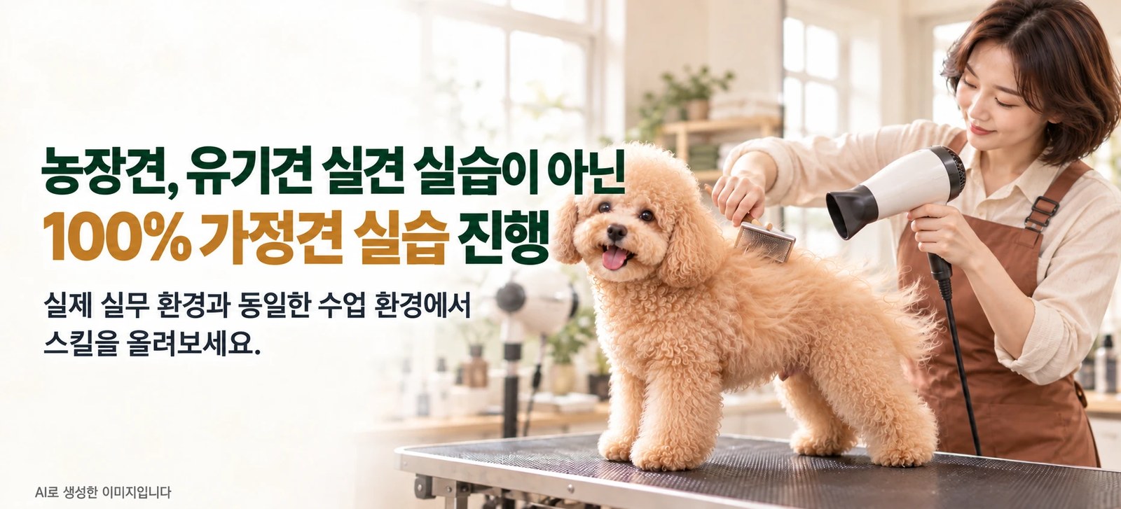 농장견, 유기견 실견 실습이 아닌 100% 가정견 실습 진행. 실제 실무 환경과 동일한 수업 환경에서 스킬을 올려보세요. (AI로 생성한 이미지입니다)